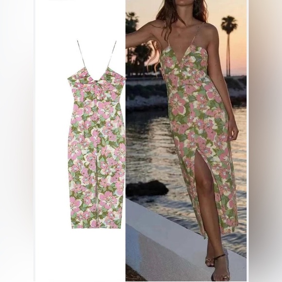 Zara pink and green floral dress with front slit and cutout back size S - Picture 2 of 8